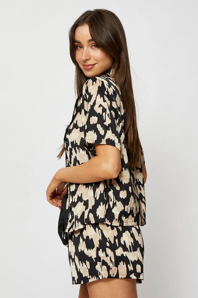 Print Satin Pajamas Set Short Sleeve