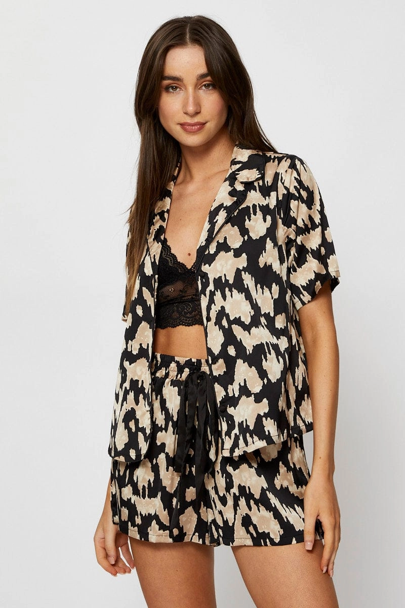 Print Satin Pajamas Set Short Sleeve