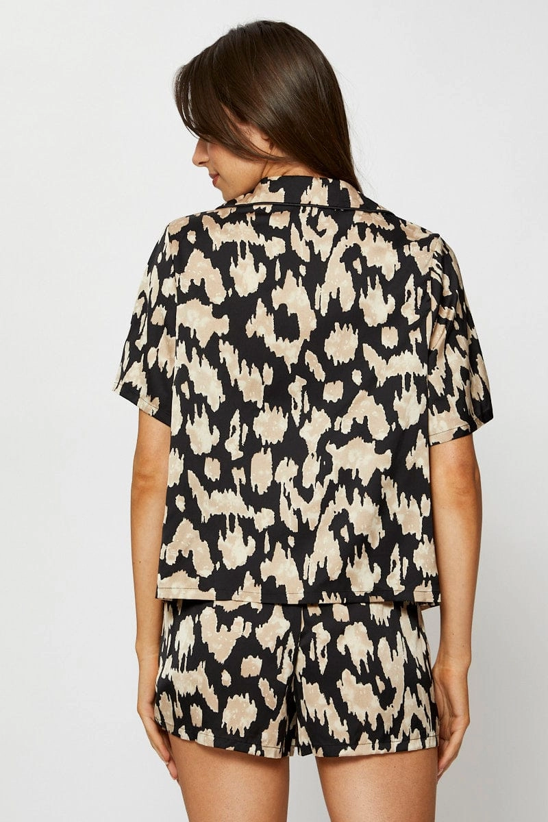 Print Satin Pajamas Set Short Sleeve