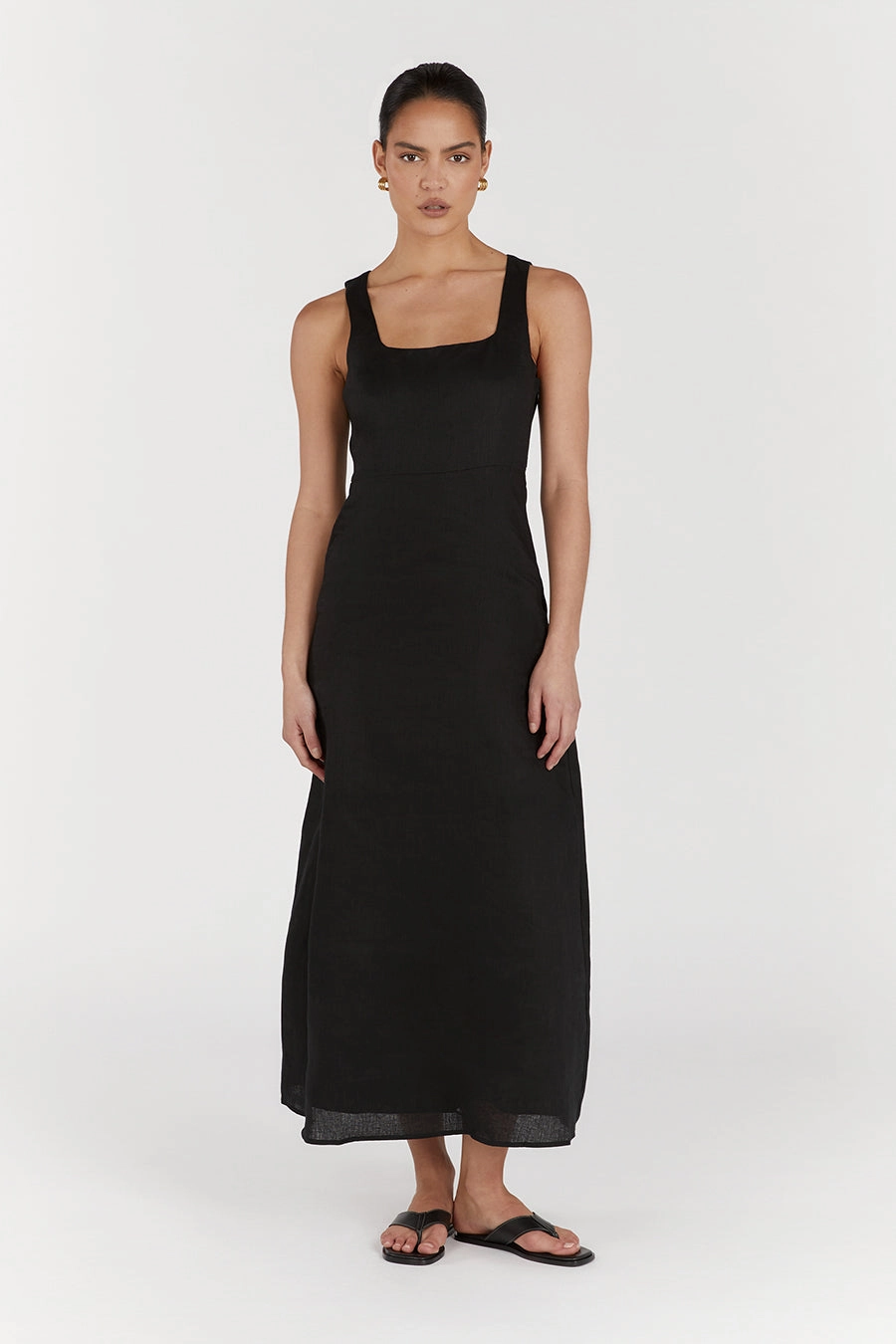 SHANNON BLACK LINEN MIDI DRESS