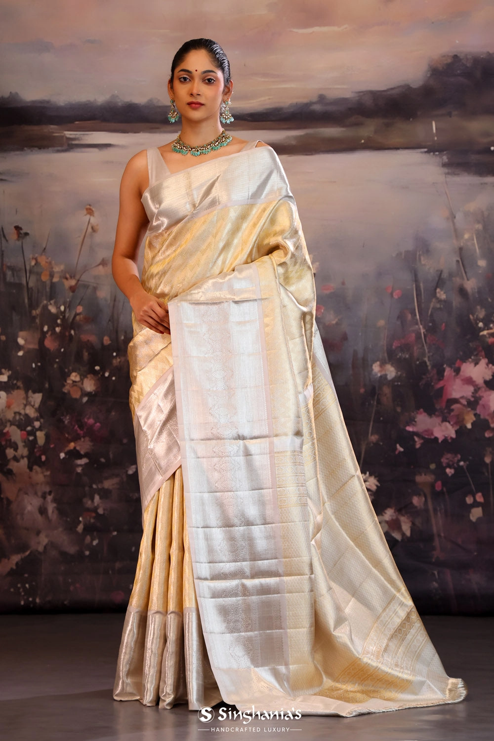 Soft Gold Floral Kanjivaram Silk Saree