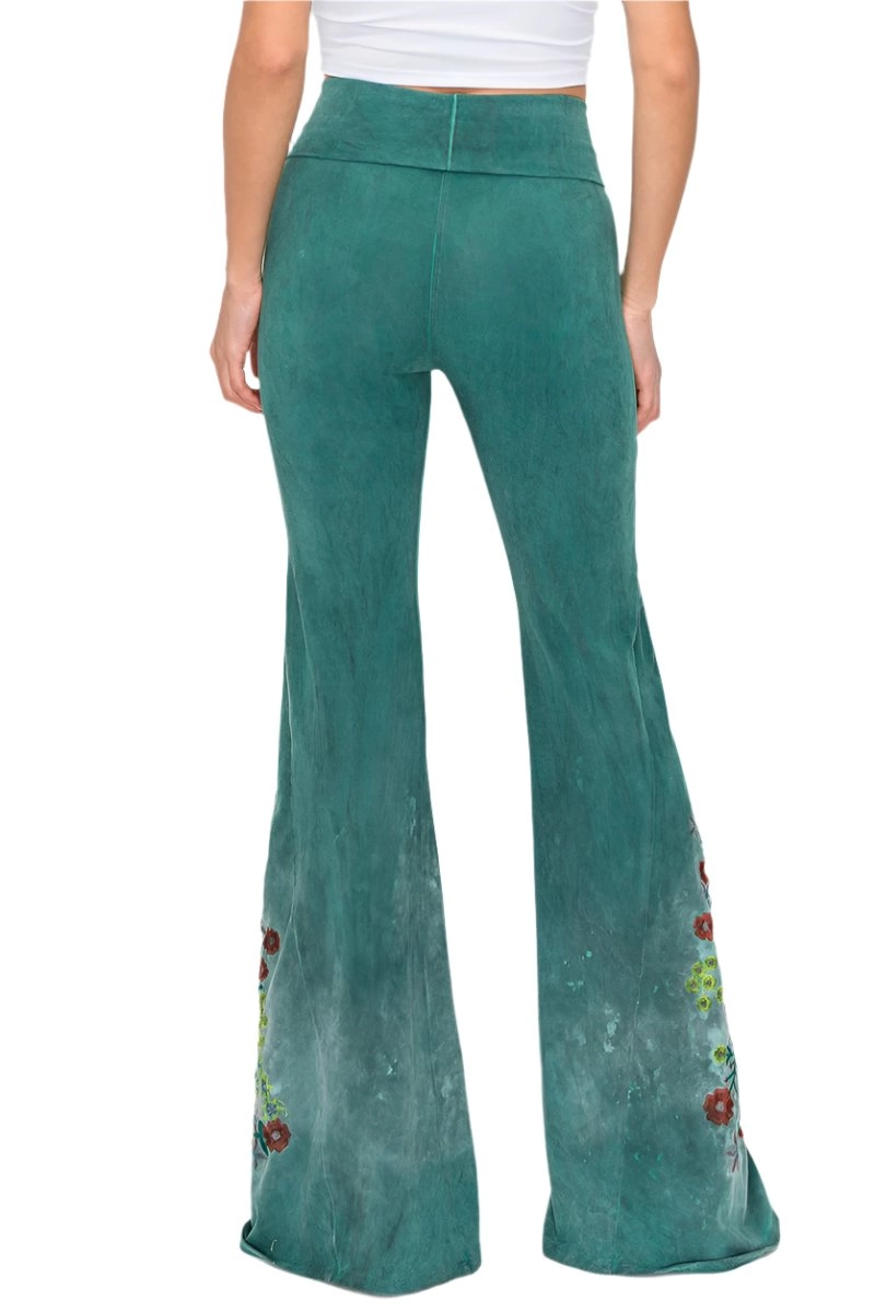 T-Party Floral Embroidery Oil Based Washed Yoga Pant 7207CJ230 Hunter Green