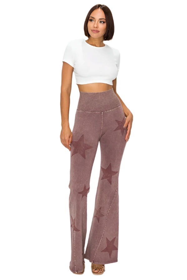 T-Party Mineral Wash Star Print Fold Over Waist Flare Pants CJ75491 Dark Rose