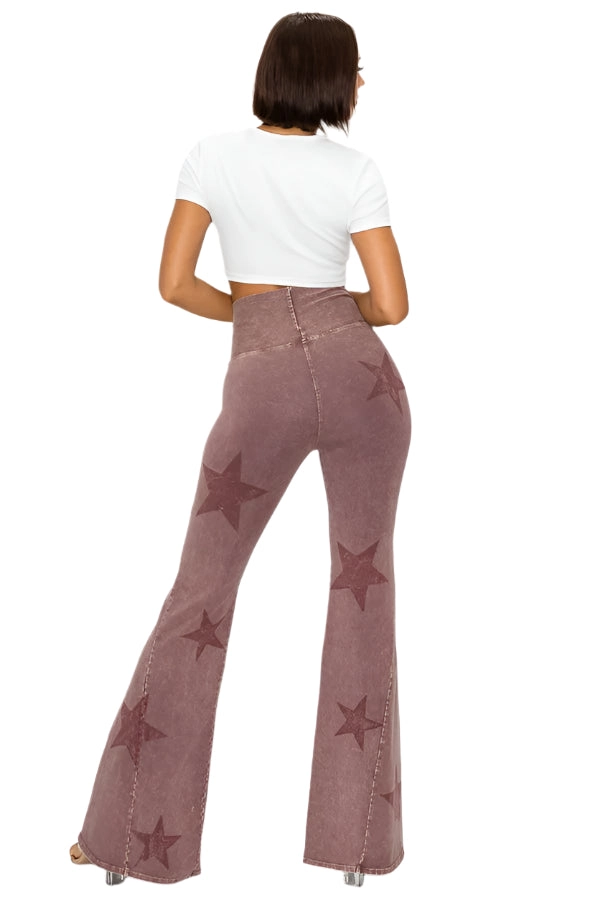 T-Party Mineral Wash Star Print Fold Over Waist Flare Pants CJ75491 Dark Rose