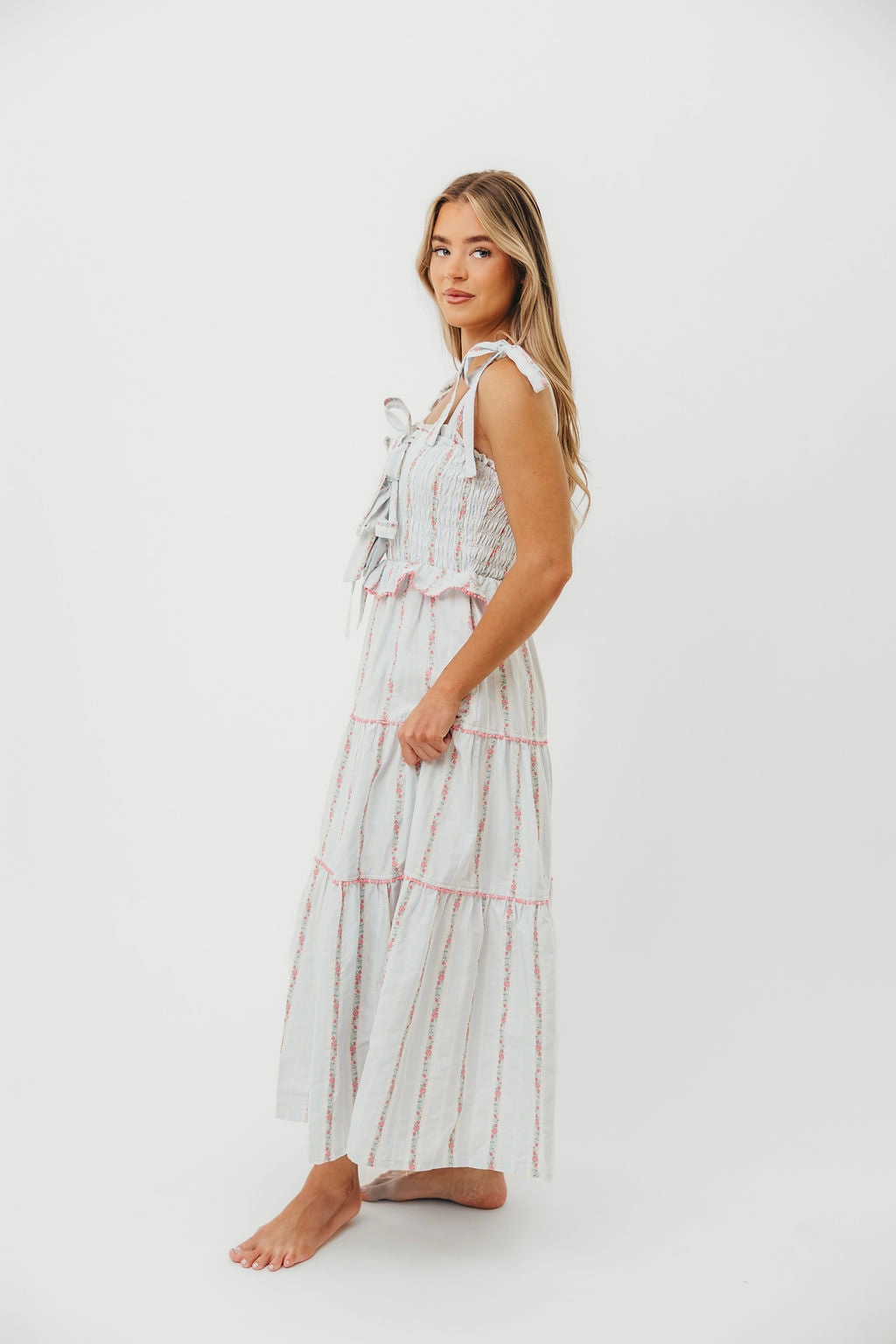 Tamara Tiered Floral Embroidered Maxi Dress in Pink Flower