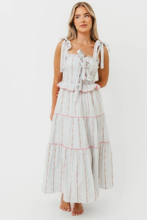 Tamara Tiered Floral Embroidered Maxi Dress in Pink Flower