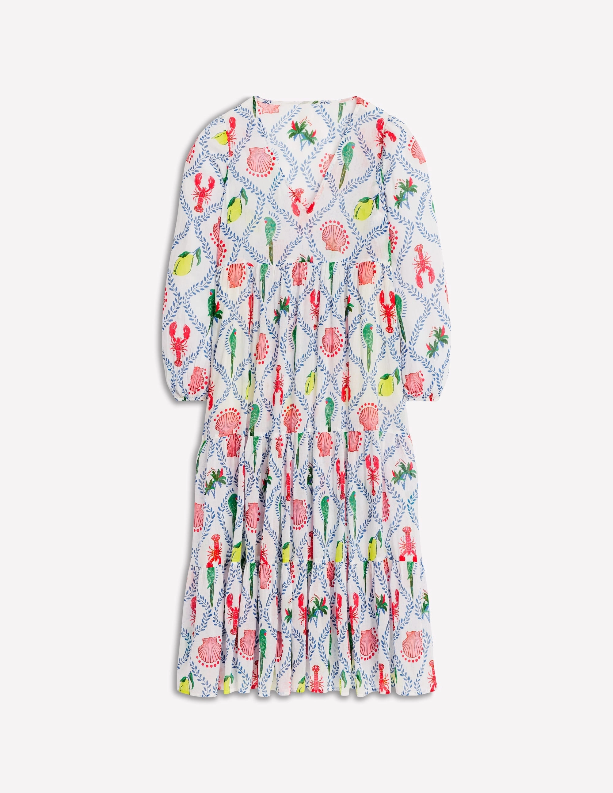 V-Neck Tiered Cotton Kaftan-Ivory. Tropical Bonanza Vine