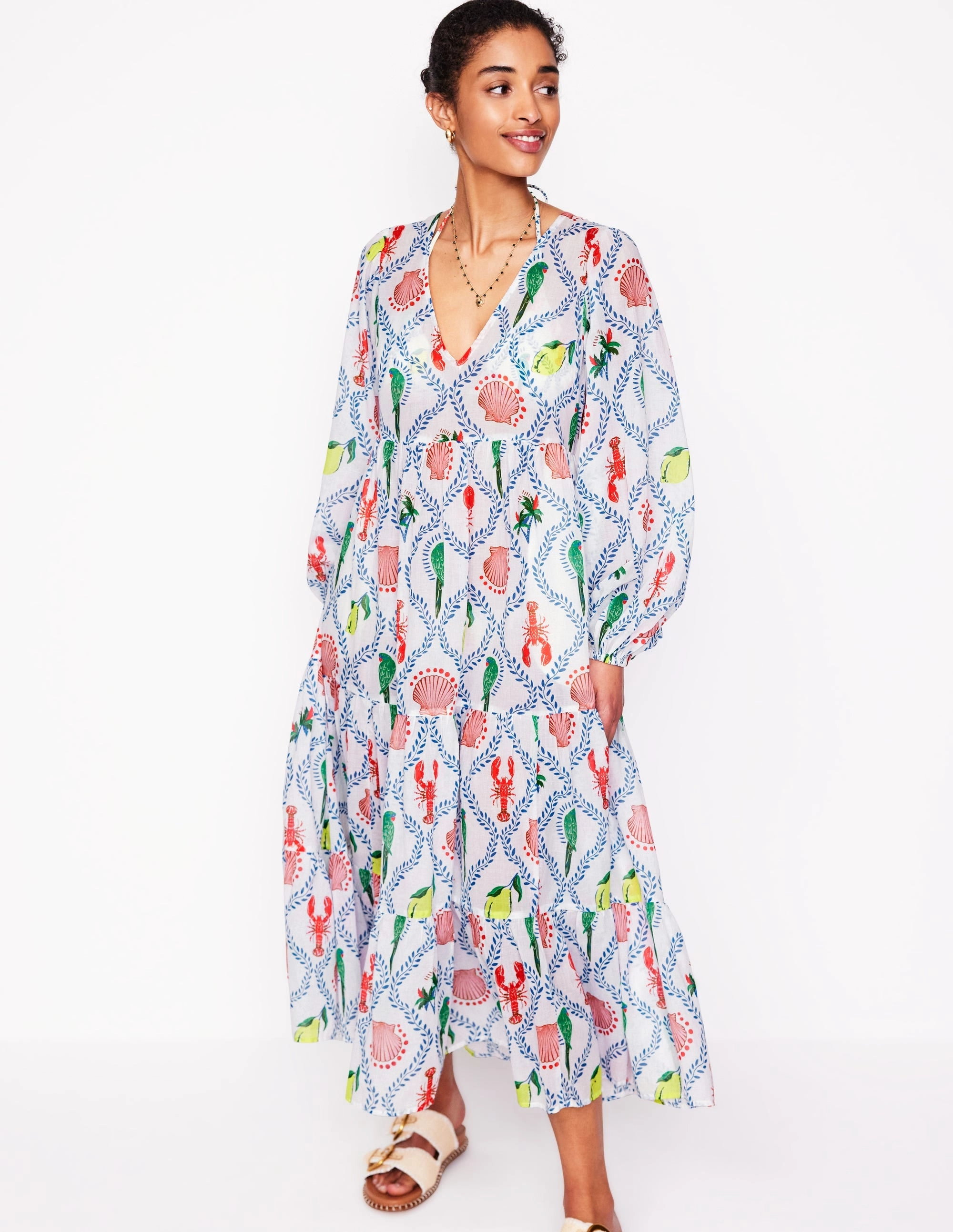 V-Neck Tiered Cotton Kaftan-Ivory. Tropical Bonanza Vine