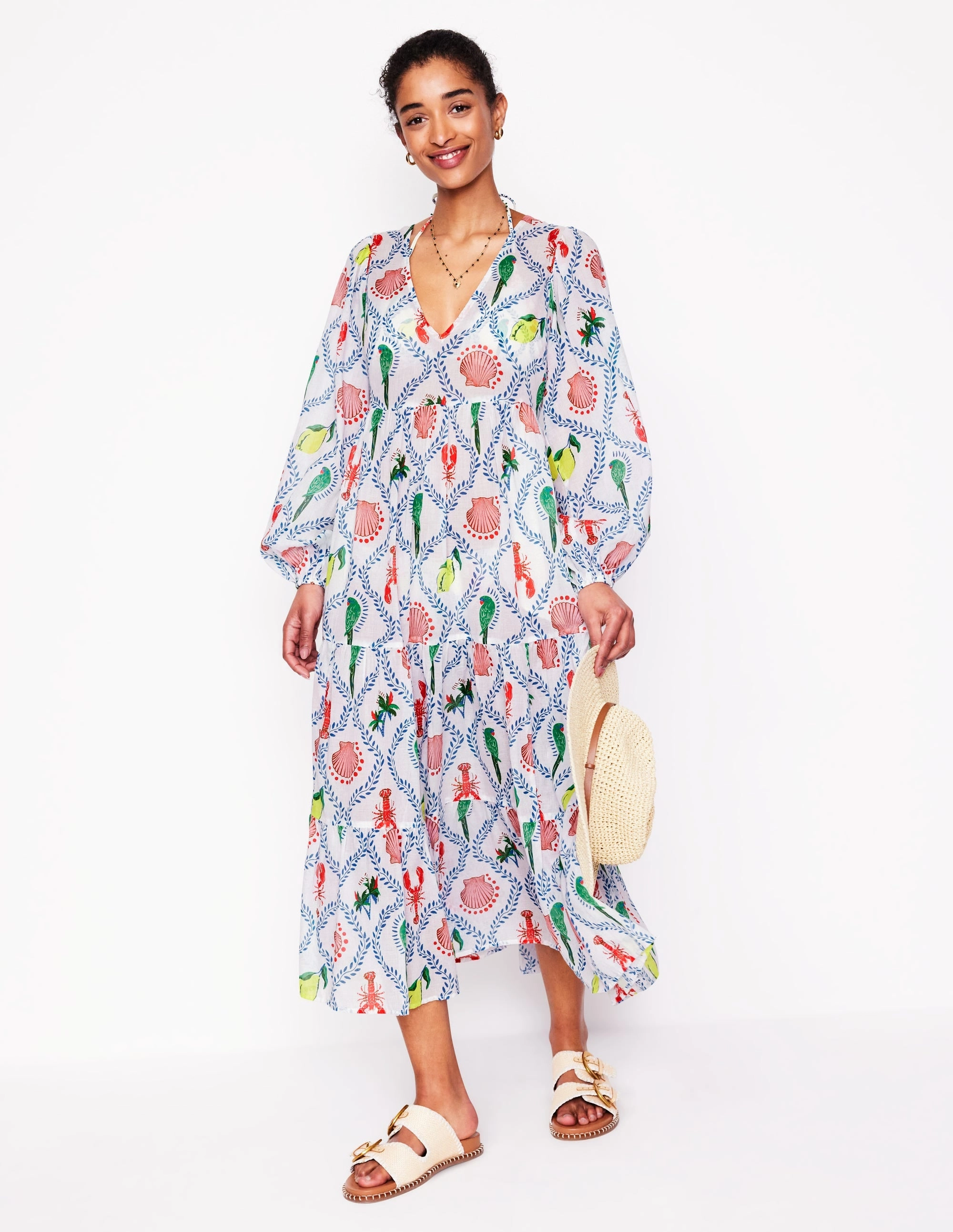 V-Neck Tiered Cotton Kaftan-Ivory. Tropical Bonanza Vine