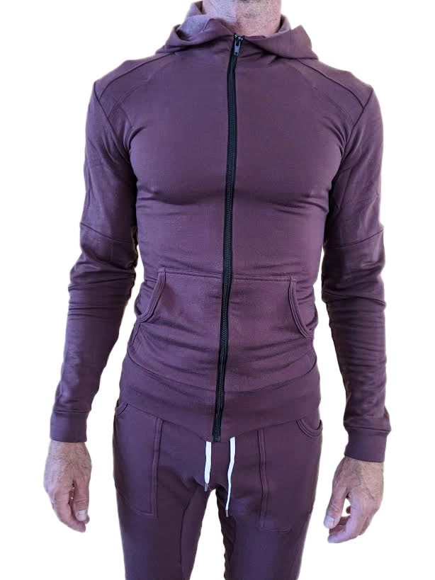 **Winter Collection** Mid-Weight LUXURY-Fleece Form-fit Crossover Yoga Track Hoodie (Burgundy)