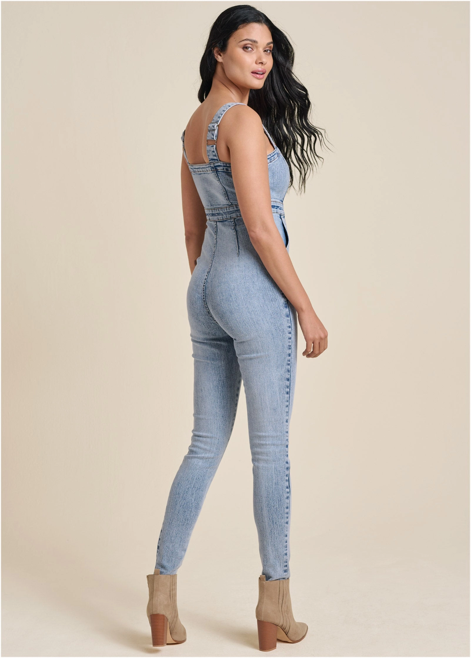 Zip-Front Denim Jumpsuit - Acid Wash